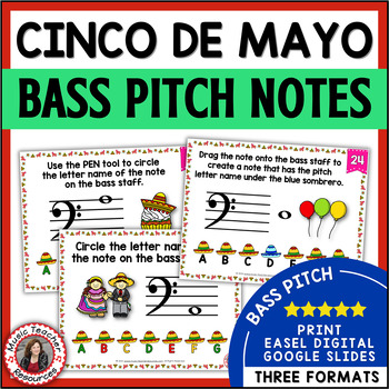 Preview of CINCO de MAYO Music Activities - Bass Clef Notes Worksheets and Task Cards