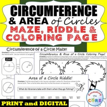 Preview of CIRCUMFERENCE & AREA of CIRCLES Maze, Riddle, Coloring Page | Print or Digital