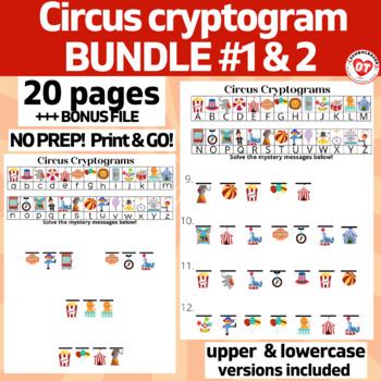 Preview of CIRCUS CRYPTOGRAM WORKSHEET BUNDLE: OT 20 pages w/ UPPER & LOWERCASE+ ispy BONUS