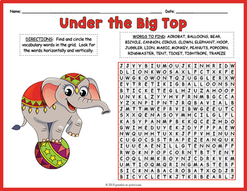 circus and carnival word search - Monster Word Search
