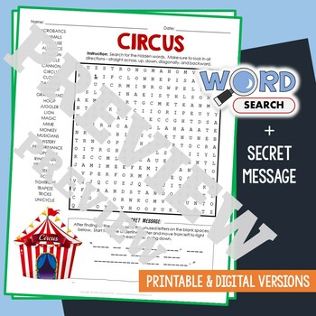 Preview of CIRCUS Word Search Puzzle Activity Vocabulary Worksheet With Secret Message