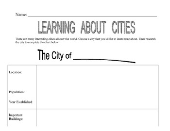 Preview of CITY PreWrite Chart for Expository Writing - For Library Research or Web Quest