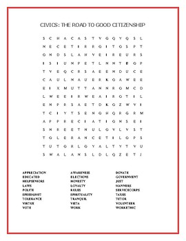 Preview of CIVICS: THE ROAD TO GOOD CITIZENSHIP: A character education word search