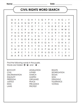 CIVIL RIGHTS WORD SEARCH FOR MARTIN LUTHER KING DAY AND BLACK HISTORY MONTH