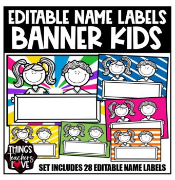 EDITABLE Name Labels Set, Kids Holding Banners Theme (USA Compatible)