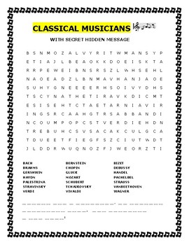 Preview of CLASSICAL MUSICIANS/WORD SEARCH WITH HIDDEN MESSAGE!
