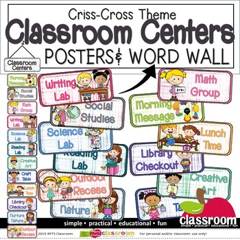 CLASSROOM CENTER POSTERS & WORD WALL (Colorful Criss-Cross Theme)