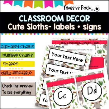 Preview of CLASSROOM DECOR I CUTE SLOTHS I labels, signs, posters and charts.