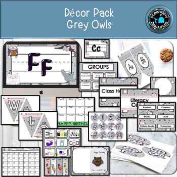 Preview of CLASSROOM DECOR I GREY OWLS I labels, signs, posters and charts