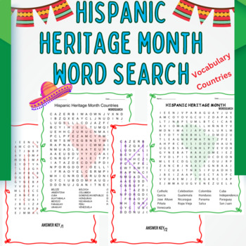 Preview of Hispanic Heritage Month Word Search Hispanic Countries Puzzle