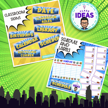 Preview of FREE!- CLASSROOM SIGNS- SCHEDULE- LABELS- Comic- Superhero Theme Classroom Decor