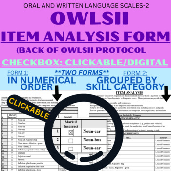 Preview of CLICKABLE CHECKBOX FORM: OWLS-II Oral and Written Language Scales ITEM ANALYSIS