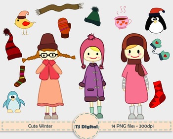 Preview of CLIP ART: Cute little girls and winter elements - kids and children decor