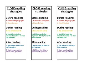 Preview of CLOSE reading strategies bookmark