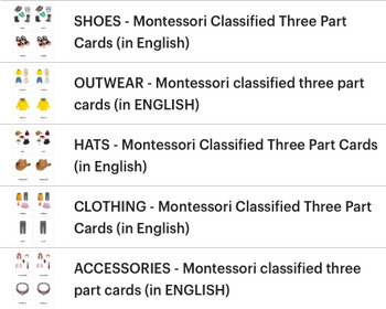 Preview of CLOTHING - Bundle of 5 sets of Montessori Classified Three Part Cards (ENGLISH)