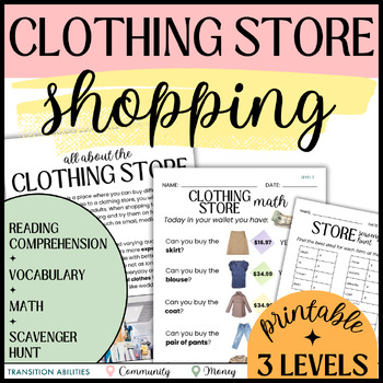 Preview of CLOTHING SHOPPING LIFE SKILS Activities| Reading, Math, Community Scavenger Hunt