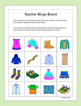 CLothing Bingo for EFL ESL EAL MFL