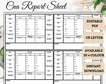Preview of CNA Sheet Report | cna template | Printable & Fully Editable | Cna Flow Sheet