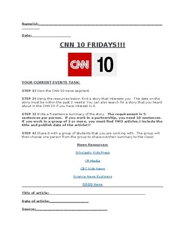 Preview of CNN 10 & Current Events Assignment for Middle School Students