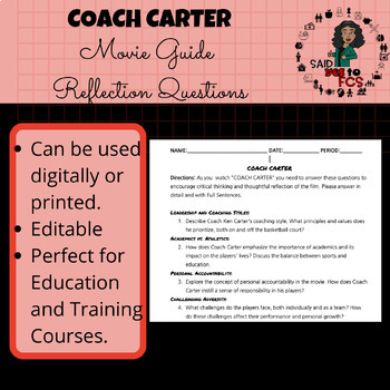 Preview of COACH CARTER Reflection Questions/Movie Guide (IPET)