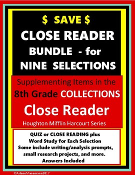 Preview of COLLECTIONS - CLOSE READER Bundle 8th Grade Quizzes and HMH Close Reading