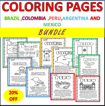 Preview of COLORING PAGES ,BUNDLE ABOUT BRAZIL ,COLOMBIA ,PERU,ARGENTINA AND MEXICO