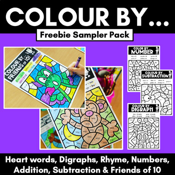 Preview of COLOUR BY... Heart Words, Rhyme, Digraphs, Number, Addition, Subtraction & more
