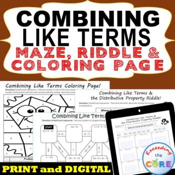 Preview of COMBINING LIKE TERMS Maze, Riddle, Coloring Page | Print and Digital