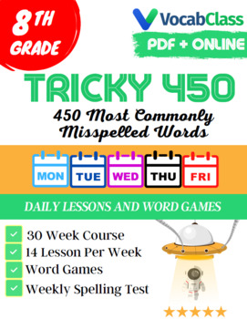 Preview of Tricky 450! 8th Grade Spelling Program | 30 Weeks | PDF | Online Companion