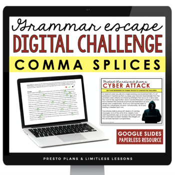 Preview of Comma Splices Escape Room Grammar Digital Activity, Google Slides, and Quiz
