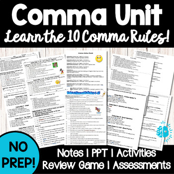 Preview of COMMA UNIT 10 Simple Rules to Remember Commas Forever Notes Practice Tests