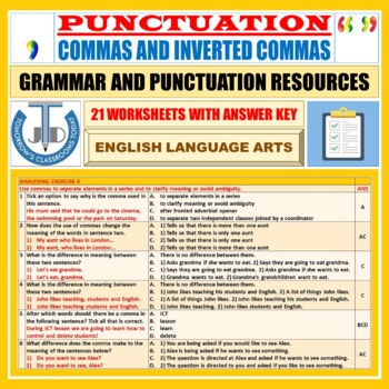 Preview of COMMAS AND INVERTED COMMAS - PUNCTUATION: 21 WORKSHEETS WITH ANSWERS