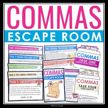 Preview of Commas Escape Room Activity - Comma Rules Breakout Review Classroom Game