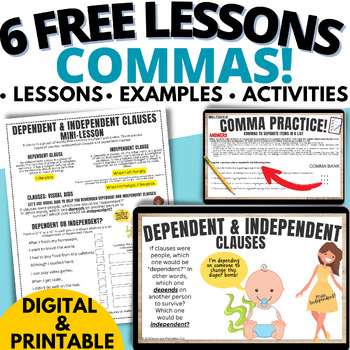 Preview of COMMAS, INDEPENDENT CLAUSES, FANBOYS, MINI-LESSONS FREE!