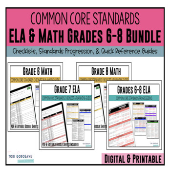 Preview of CC Checklists Bundle for ELA and Mathematics - 6, 7, 8 | DIGITAL & PRINT