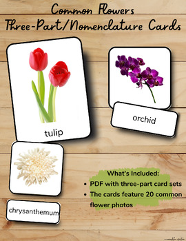 Preview of COMMON FLOWERS Montessori Cards Flash Cards Three-Part/Nomenclature FlashCards