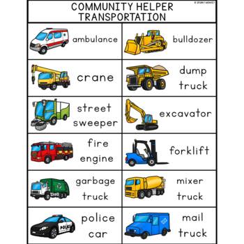 COMMUNITY HELPER TRANSPORTATION VEHICLE Words - Vocabulary | Word Lists