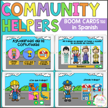 Preview of COMMUNITY HELPERS BOOM CARDS, AYUDANTES DE LA COMUNIDAD DISTANCE LEARNING
