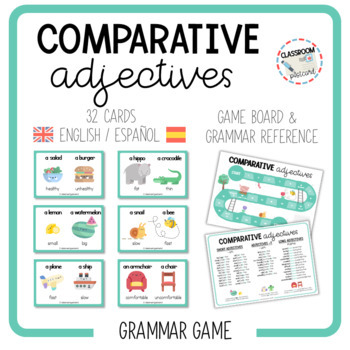 Preview of COMPARATIVE ADJECTIVES - speaking cards [English & Spanish]