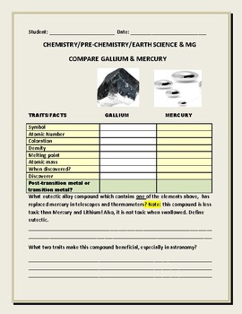 Preview of COMPARE: GALLIUM & MERCURY/CHEMISTRY ASSIGNMENT GRS.8-12 & MG