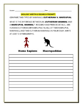 Preview of COMPARE TWO TYPES OF MAMMALS: EUTHERIAN  V.  MARSUPIAL   GRS.7-12,MG & AP BIO