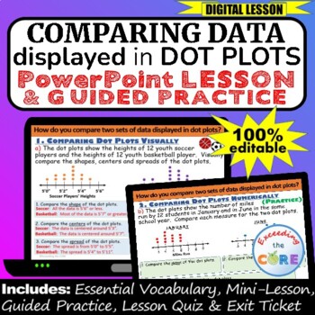 Preview of COMPARING DATA displayed in DOT PLOTS PowerPoint Lesson, Practice | Digital