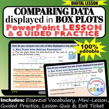 Preview of COMPARING DATA displayed in BOX PLOTS PowerPoint Lesson, Practice | Digital