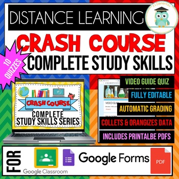 Preview of COMPLETE CRASH COURSE Study Skills Video Google Forms Quiz Bundle Workhseets