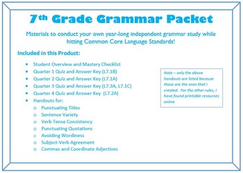 Preview of Unit for a year of 7th Grade Grammar - Common Core Language Standards