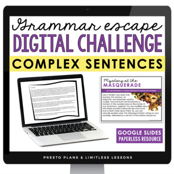 Preview of Complex Sentence Type Grammar Digital Escape Room Activity, Slides, and Quiz