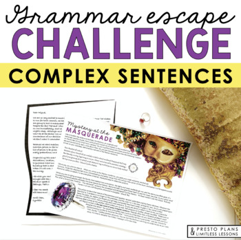 Preview of Complex Sentence Type Grammar Activity Escape Room Challenge, Slides, and Quiz