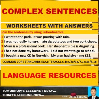 Preview of COMPLEX SENTENCE STRUCTURE: 21 WORKSHEETS WITH ANSWERS