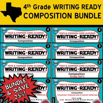 Preview of COMPOSITION BUNDLE ~ WRITING READY 4th Grade Task Cards- 8 Basic & Advanced Sets