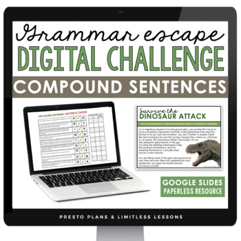 Preview of Compound Sentence Type Grammar Digital Escape Room Activity, Slides, and Quiz